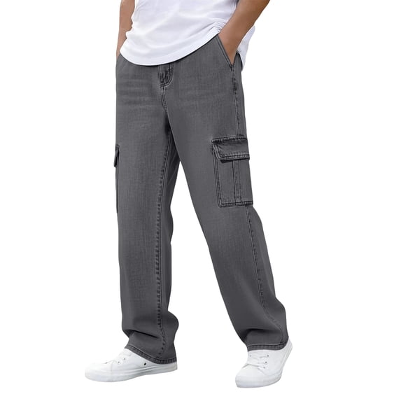 GrmtClth Mens Loose Cargo Denim Trousers, Cozy Street Outfit, Wide Leg Multi Pocket Jeans, Breathable Male Daily Commute Fashion Bottoms Gray XL
