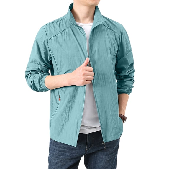 GrmtClth Mens Loose Fit Breathable Stand Collar Zip Up Jacket Lightweight Quick Dry Windproof Sun Protection Coat For Outdoor Vacation Commute Wear Light Blue S