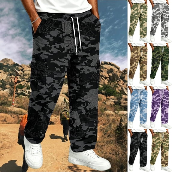 GrmtClth Mens Loose Fit Camo Cargo Trousers All Over Camo Print Multi Utility Pockets Drawstring Elastic Waist Street Casual Pants Black XL