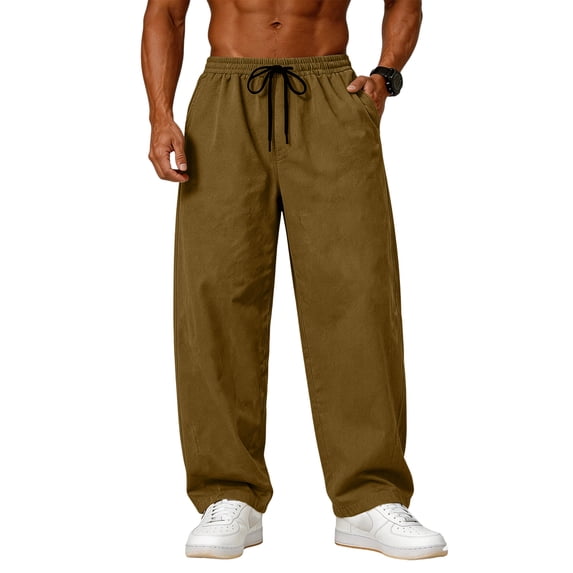 GrmtClth Mens Loose Fit Wide Leg Trousers Elastic Waist Drawstring Lightweight Breathable Casual Pants for Summer Vacation Brown S