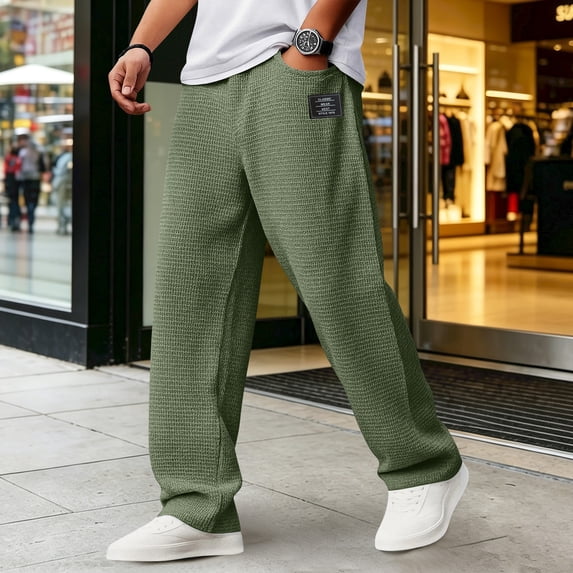 GrmtClth Mens Loose Waffle Drawstring Trousers, Cozy Home Outfit, Wide Leg Elastic Waist Casual Pants, Breathable Male Daily Loungewear Bottoms Dark Green S