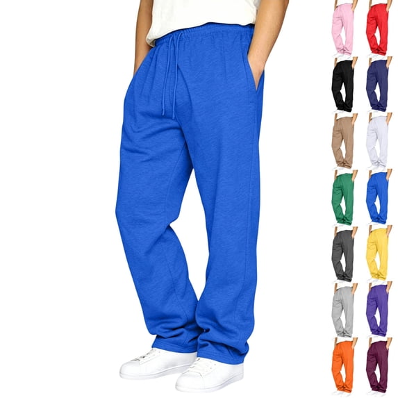 GrmtClth Mens Open‑Bottom Athletic Sweatpants Straight‑Leg Baggy‑Fit Elastic Drawstring Waist Trousers With Pockets