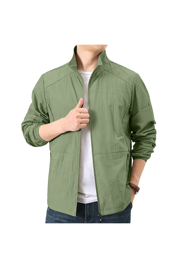 Mens Outdoor Casual Stand Collar Zip Front Jacket Lightweight Breathable Sun Protection Windbreaker Quick Dry Coat For Hiking Camping Daily Outfit Army Green M