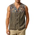 thumbnail image 1 of GrmtClth Mens Outdoor Hiking Sleeveless Vest, Vintage Ethnic Aztec Zigzag Chevron Print V Neck Button Down Patchwork Waistcoat Navy 2XL, 1 of 5