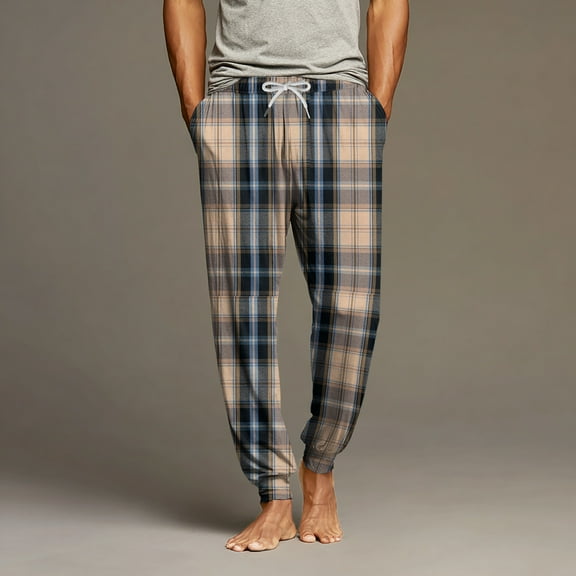 GrmtClth Mens Pajama Pants Casual Drawstring Plaid Lounge Pants Cozy Fit Pj Bottoms with Pockets Khaki XXXL