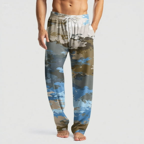 GrmtClth Mens Pajama Pants Lightweight Camo Graphic Pajama Bottoms Casual Elastic Waist Drawstring Lounge Pants Soft&comfort Sleep Pants with Pockets and Button Fly Blue L
