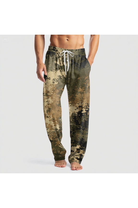 Mens Pajama Pants Lightweight Camo Print Bottoms Stylish Drawstring Lounge Pants Soft&comfort Sleep Pants with Pockets and Button Fly Army Green L