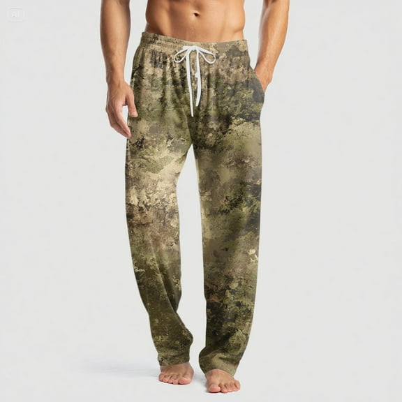 GrmtClth Mens Pajamas Lightweight Camo Print Bottoms Stylish Elastic Waist Drawstring Lounge Pants Soft Sleepwear with Pockets and Button Fly Army Green XXL