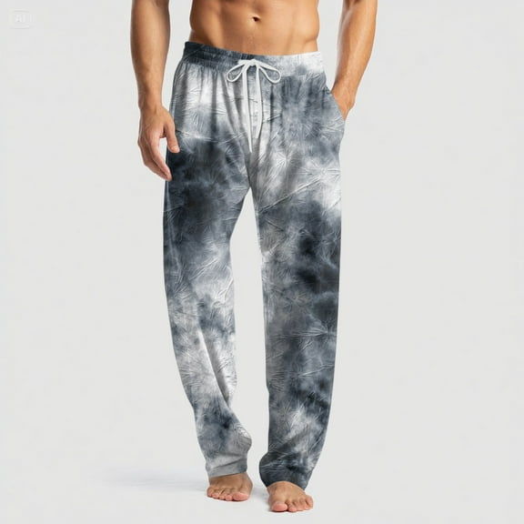 GrmtClth Mens Pajamas Lightweight Tie-Dye Print Bottoms Stylish Elastic Waist Lounge Pants Comfort&soft Sleepwear with Pockets and Button Fly Navy L