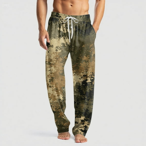 GrmtClth Mens Pajamas Ultra Lightweight Camo Print Bottoms Casual Elastic Waist Pajama Pants Comfort Night Pants with Pockets and Button Fly Army Green M