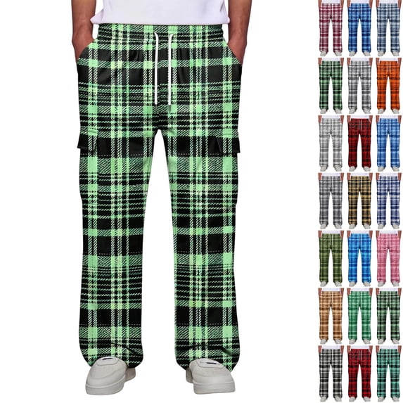 GrmtClth Mens Plaid Cargo Sweatpants Elastic Drawstring Waist Baggy Wide Leg Multi Pocket Casual Trousers Light Green L