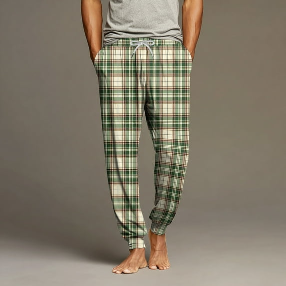 GrmtClth Mens Plaid Pajama Pants Lightweight Drawstring Lounge Pants Cozy Soft Pj Bottoms with Pockets Light Green XL