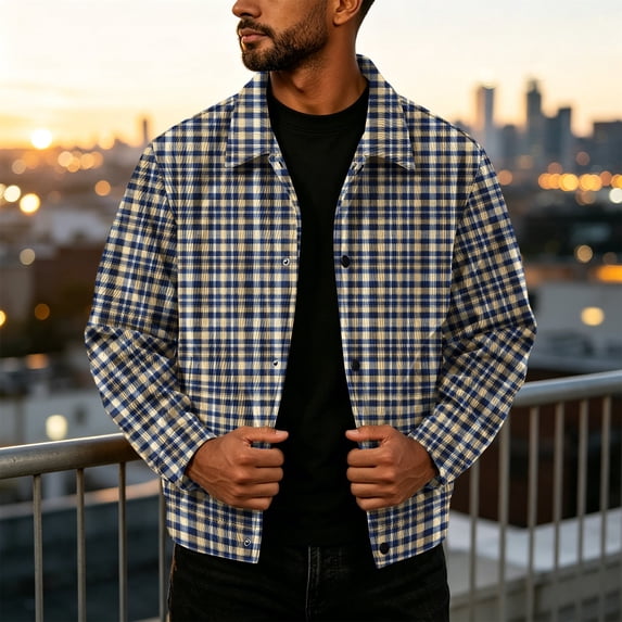 GrmtClth Mens Plaid Soft Corduroy Feel Plaid Jacket Long Sleeve Snap Front Loose Fit Daily Casual Outerwear Navy XL
