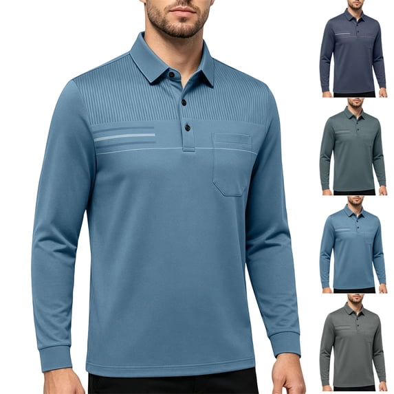 GrmtClth Mens Polo Shirts Long Sleeve Lapel Button Placket Chest Pocket Textured Striped All Season Business Casual Shirts Blue M