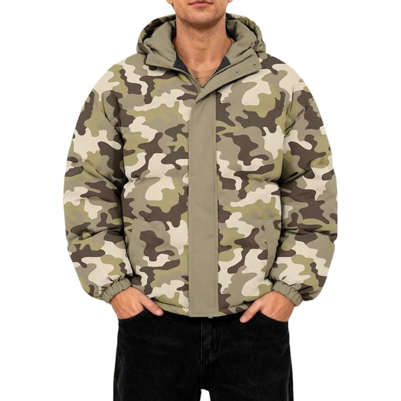 GrmtClth Mens Puffer Jacket Thick Thermal Camo Full Zip Winter Jackets Cozy Soft Hooded Casual Long Sleeve Bubble Jackets Khaki L