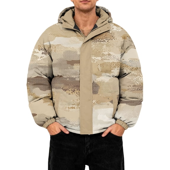 GrmtClth Mens Puffer Jacket Thick Thermal Camo Zip Up Winter Jackets Comfy Soft Hooded Hombre Long Sleeve Bubble Coat Beige L