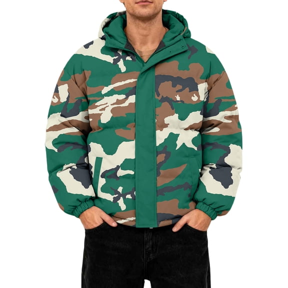 GrmtClth Mens Puffer Jacket Thick Thermal Camo Zip Up Winter Jackets Cozy Fit Hooded Fashion Long Sleeve Bubble Coat Green L