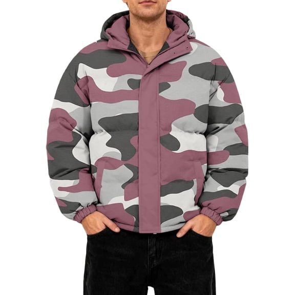GrmtClth Mens Puffer Jacket Thick Warm Camo Full Zip Winter Jackets Comfy Soft Hooded Hombre Long Sleeve Bubble Coat Purple 2XL