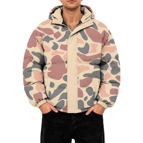 GrmtClth Mens Puffer Jacket Thick Warm Camo Zip Up Winter Jackets Relaxed Fit Hooded Classic Long Sleeve Outerwear Jackets Pink XL