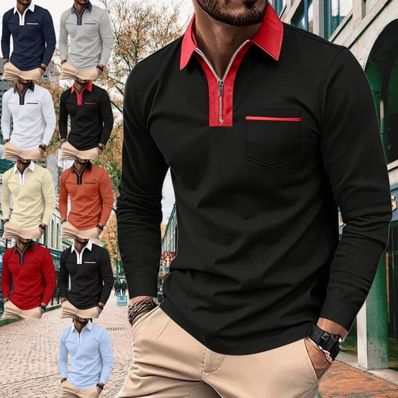 GrmtClth Mens Quarter Zip Lapel Polo Shirts Color Block Collar Long Sleeve Slim Fit Golf Tops With Chest Pocket Gray L