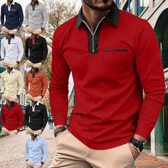 GrmtClth Mens Quarter Zip Lapel Polo Shirts Color Block Collar Long Sleeve Slim Fit Golf Tops With Chest Pocket Red L