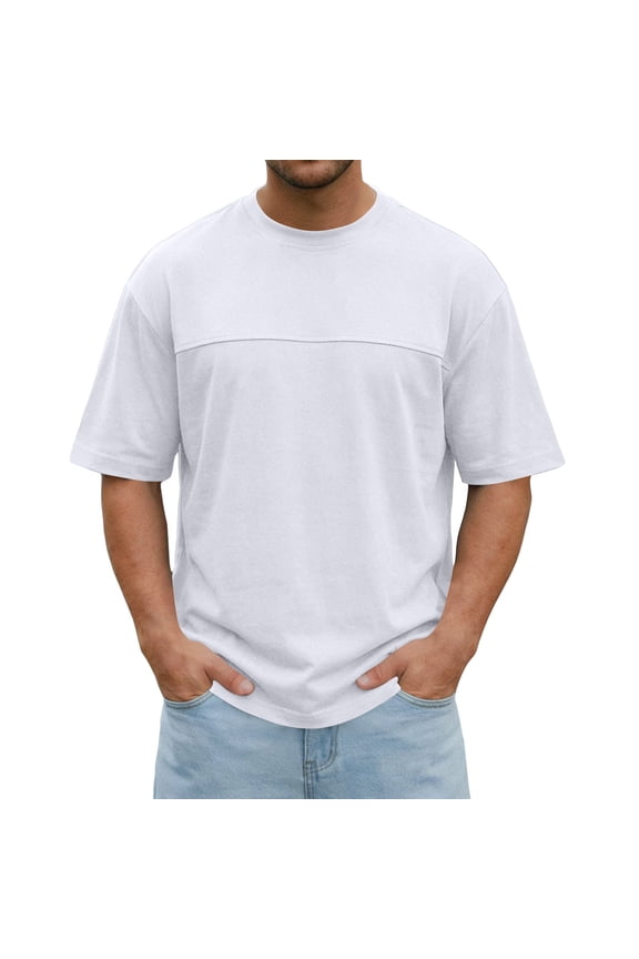 Mens Relaxed Fit Crew Neck T-Shirt Casual Short Sleeve Drop Shoulder Top with Chest Seam Lightweight Breathable Solid Color Summer Daily Wear Fashion Tees White M