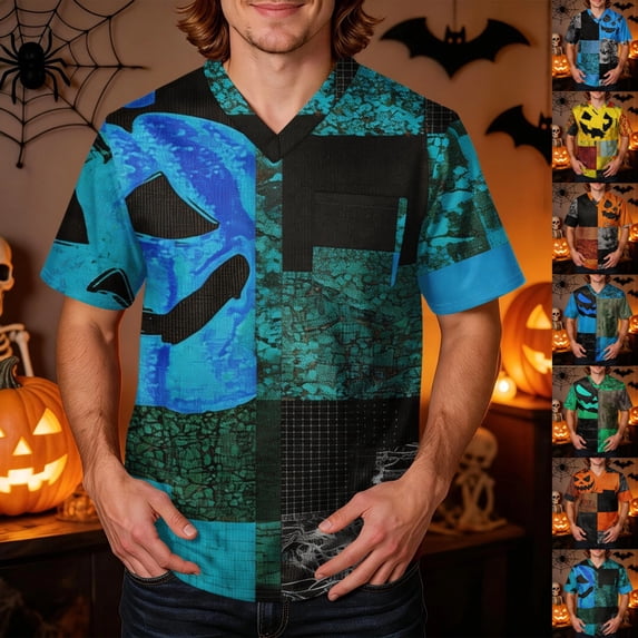 GrmtClth Mens Relaxed Fit Halloween Short Sleeve Scrub Tops Retro Mixed Plaid Pumpkin Spooky Design Soft Air Permeable Clinic Nursing Work Wear Shirts Earthy Yellow XL
