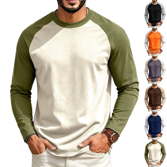 GrmtClth Mens Shirts Crew Neck Long Sleeve Two Tone Raglan Baseball Soft Breathable Streetwear Male Shirts Army Green M