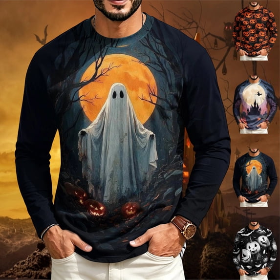 GrmtClth Mens Shirts Halloween Crew Neck Long Sleeve Raglan Pumpkin Ghost Witch Creepy Night Print Casual Fall Tops Saffron L