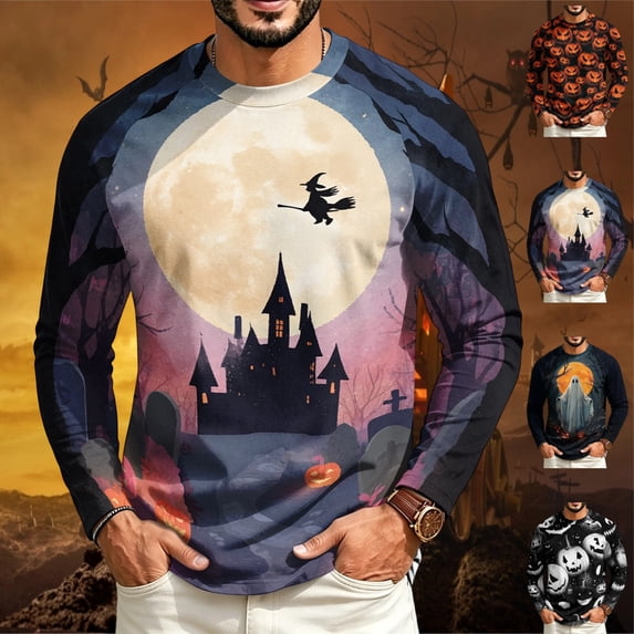 GrmtClth Mens Shirts Halloween Loose Relaxed Fit Raglan Long Sleeve Pumpkin Ghost Witch Dark Graveyard Daily Shirts Purple 4XL