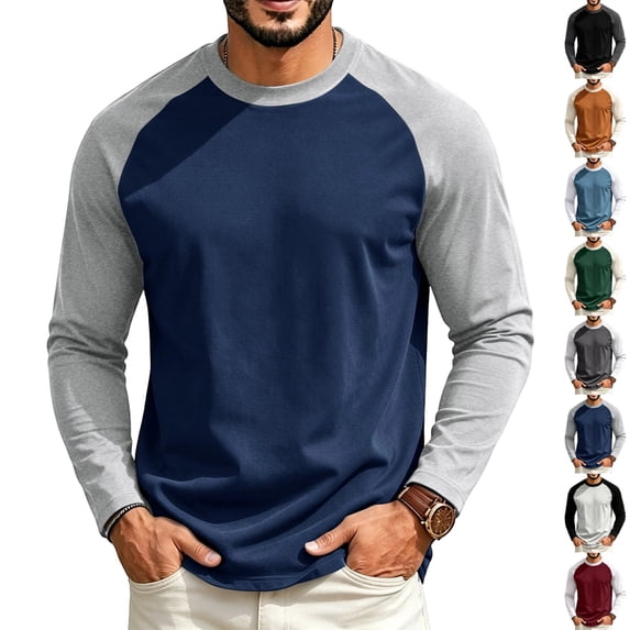 GrmtClth Mens Shirts Long Sleeve Crew Neck Raglan Baseball Contrast Color Breathable Daily Sport Tops Dark Blue L