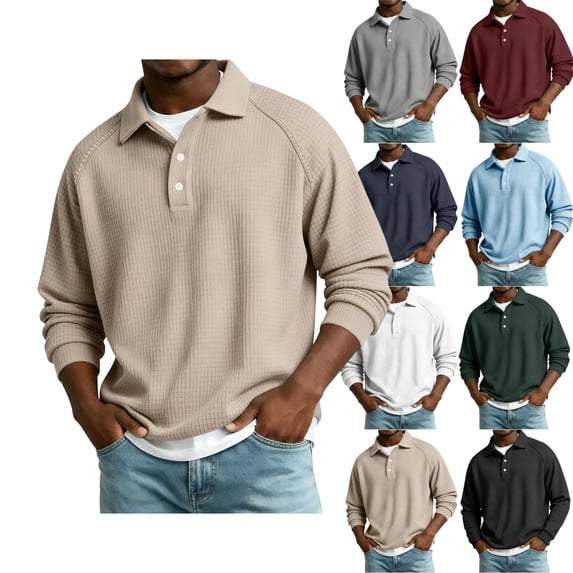 GrmtClth Mens Shirts Long Sleeve Waffle Knit Collared Polo Pullover Fall Winter Comfortable Daily Workout Top Khaki M