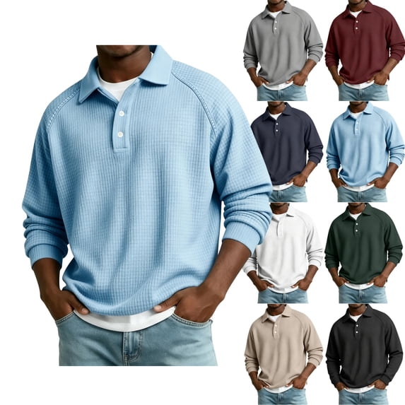GrmtClth Mens Shirts Long Sleeve Waffle Knit Collared Polo Pullover Fall Winter Comfortable Daily Workout Top Light Blue M