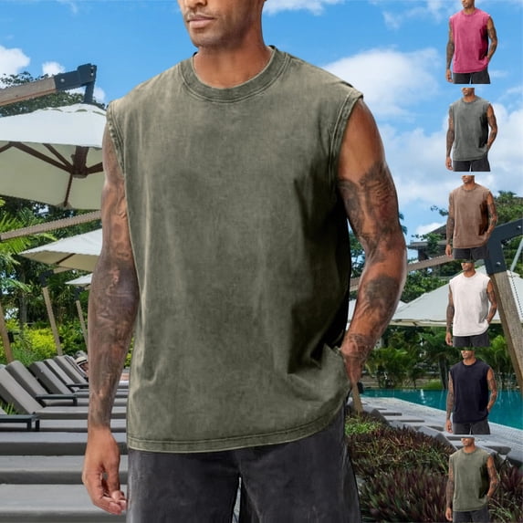 GrmtClth Mens Shirts Loose Fit Sleeveless Muscle Shirts Acid Wash Crew Neck Running Outdoor Casual Tank Tops Army Green M