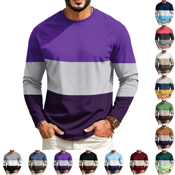 GrmtClth Mens Shirts Multi Horizontal Panel Color Block Long Sleeve Crewneck Tops Three Tone Split Soft Stretch Blend Outdoor Athletic Fashion Tees Purple 2XL
