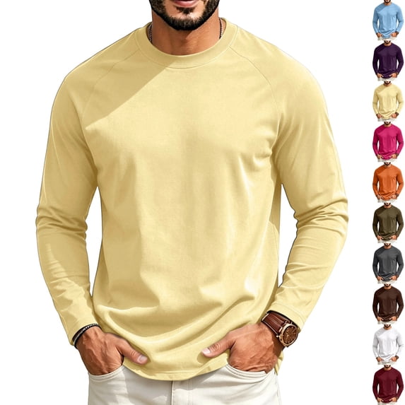 GrmtClth Mens Shirts Raglan Long Sleeve Solid Color Crew Neck Basic Casual Lightweight Pullover Tee Yellow L
