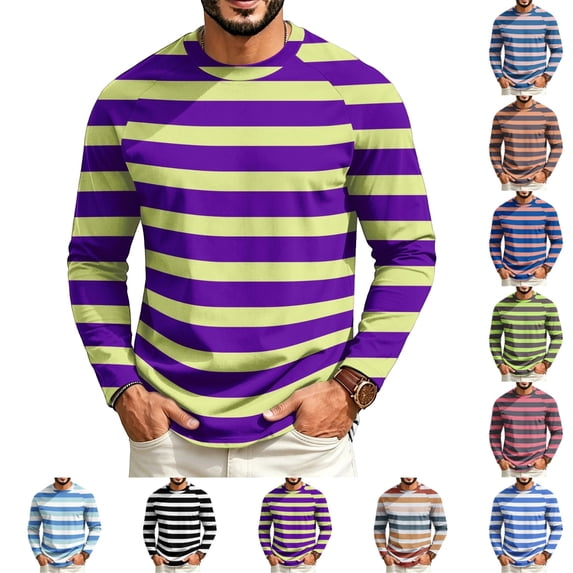 GrmtClth Mens Shirts Retro Striped Long Sleeve Crew Neck Pullover Lightweight Gentle Skin Friendly Autumn Walking Shirts Dark Purple 3XL