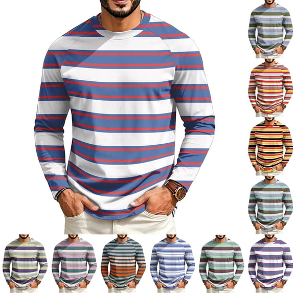 GrmtClth Mens Shirts Soft Horizontal Striped Raglan Long Sleeve Crewneck Pullover Relaxed Fit Spring Autumn Outdoor Daily Tops White L