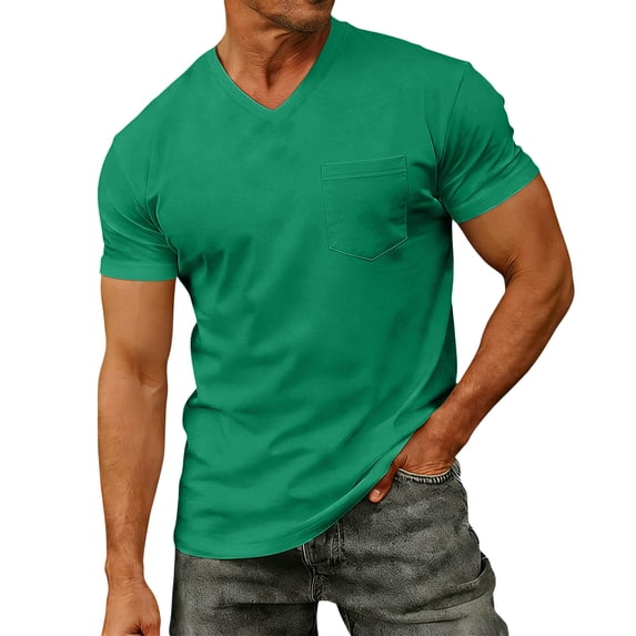 GrmtClth Mens Shirts Summer Beach V Neck Tops Work Short Sleeve Tee Trend with Pocket Blouses Green L
