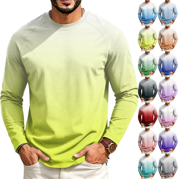 GrmtClth Mens Shirts Two Tone Natural Fade Gradient Long Sleeve Crewneck Tops Color Transition Soft Stretch Blend Outdoor Running Fashion Tees Yellow 2XL