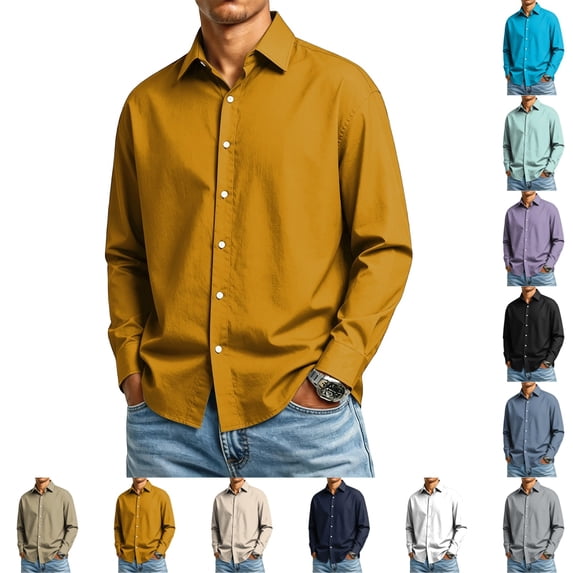 GrmtClth Mens Shirts Wrinkle Free Solid Long Sleeve Button Down Collared Regular Fit Stretch Business Daily Casual Dress Tops Earthy Yellow L