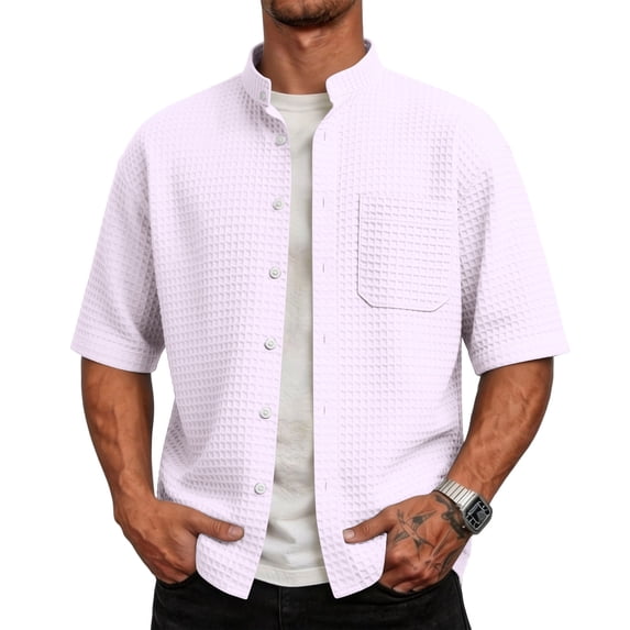 GrmtClth Mens Short Sleeve Button Down Shirts Business Casual Waffle Knits Shirts Loose Fit Wrinkle Free Dress Shirt Summer Vintage Beach Plain Tops with Pockets Pink XXXL