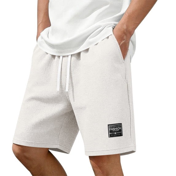 GrmtClth Mens Shorts Casual Waffle Elastic Waist Lightweight Sweat Shorts Summer Gym Drawstring Shorts Beach Vacation Jogging Shorts with Pockets White L