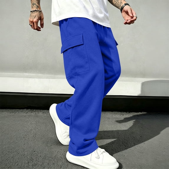 GrmtClth Mens Simple Multi Pocket Drawstring Cargo Trousers, Cozy Wide Leg Home Pants, Elastic Waist Loose Fit Loungewear, Breathable Outdoor Daily Wear Royal Blue XL