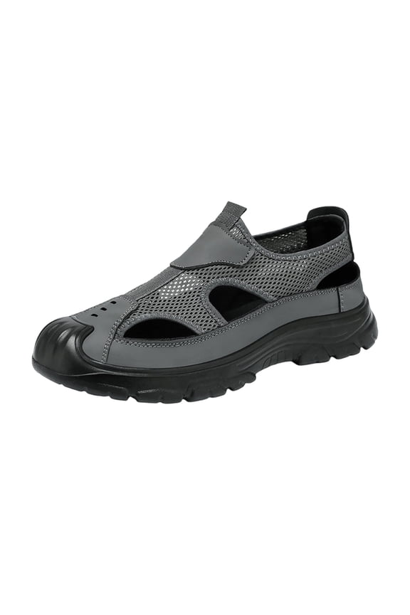 Mens Slip On Closed Toe Hiking Sandals Breathable Mesh Leather Non Slip Thick Rugged Sole Outdoor Walking Beach Fisherman Shoes Gray (US/10)