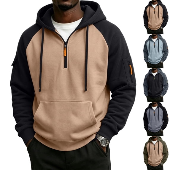 GrmtClth Mens Soft Hoodies Quarter Zip Long Sleeve Hooded Sweatshirt Casual Drawstring Outdoor Pullover Hoodie with Multi Storage Pocket L