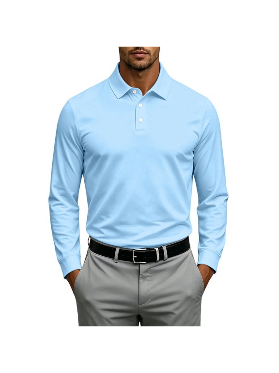 Mens Soft Lapel Collar Business Golf Polo Shirts, Three Button Placket Long Sleeve Regular Fit Daily Office Wear Tops Sky Blue L