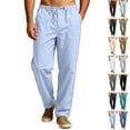 thumbnail image 1 of GrmtClth Mens Summer Beach Linen Pants Baggy Straight Leg Cut Stretch Elastic Waist With Drawstring Deep Side Pocket Breathable Daily Wear Trousers Light Blue 5XL, 1 of 7