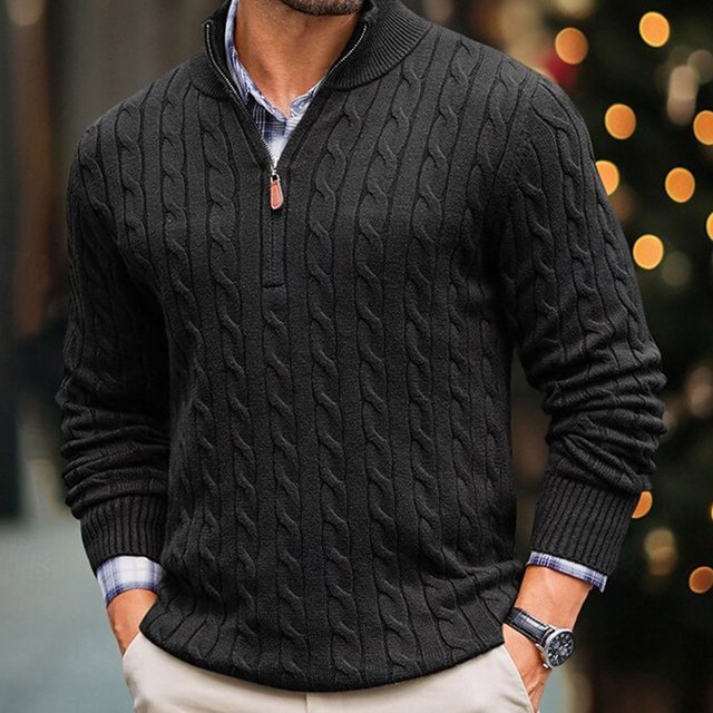 GrmtClth Mens Sweater Casual Quarter Zip Pullover Cabled Warm Mock Neck Sweater 2025 Fall Solid Long Sleeve Sweaters Black S