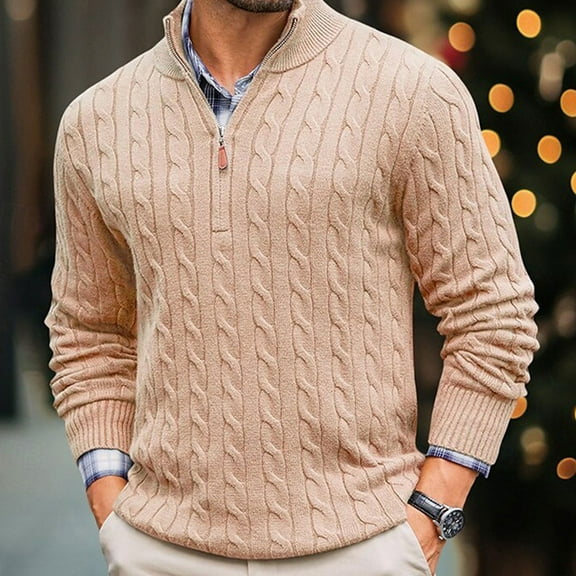 GrmtClth Mens Sweater Slim Fit Quarter Zip Pullover Cabled Thermal Mock Neck Sweater 2025 Fall Winter Solid Long Sleeve Sweaters Khaki M